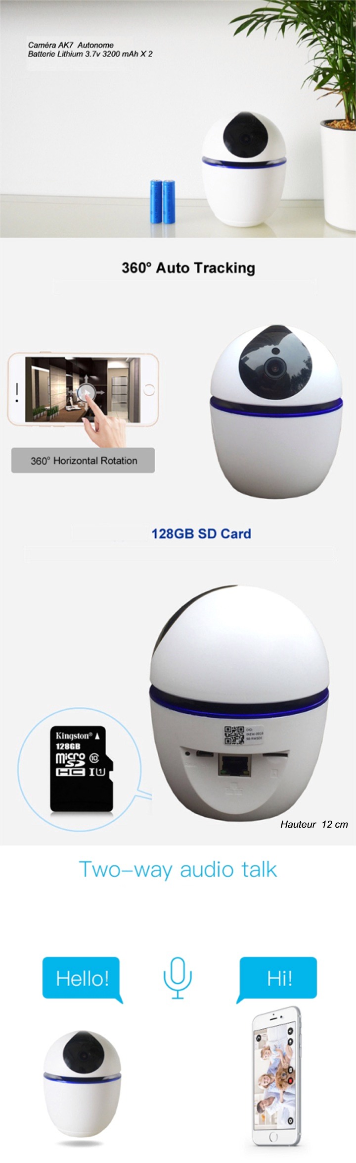 Camera de surveillance wifi autonome batterie carte SD