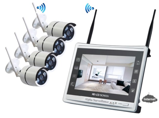 Kit vidéo surveillance magasin, 4 caméras HD sans fil, écran LCD, WIFI